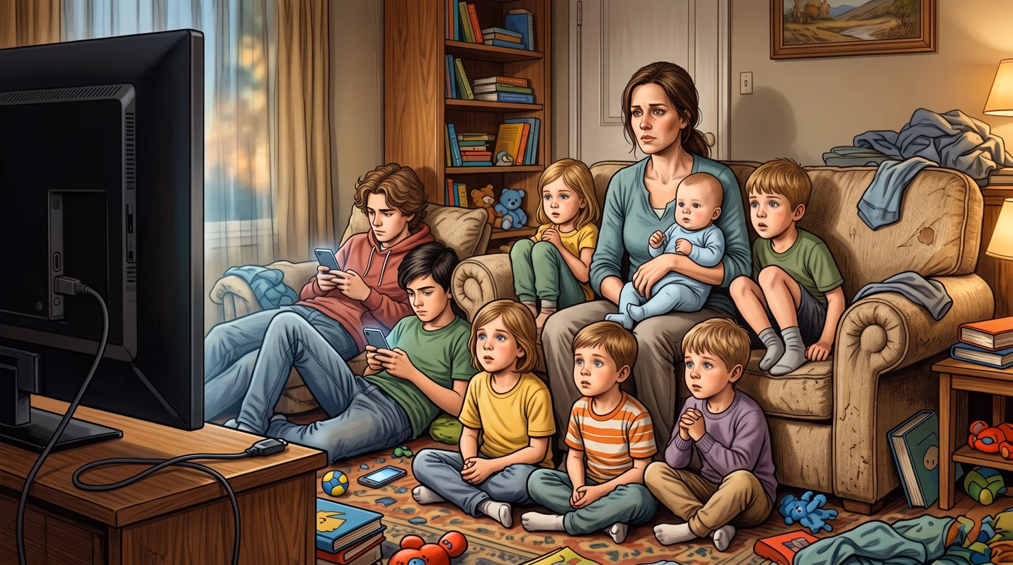 Illustration of a cluttered living room where a mother holds a baby on a couch surrounded by several children, most staring blankly at an unseen glowing television screen while a teenager scrolls a phone.