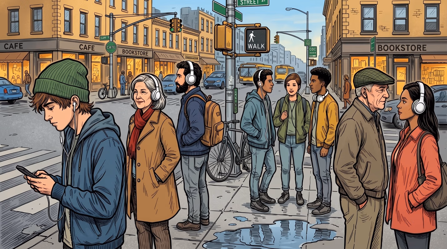 Illustration of a diverse group of pedestrians on a city sidewalk lined with a cafe and bookstore, most wearing headphones or earbuds and looking at their phones near a crosswalk.