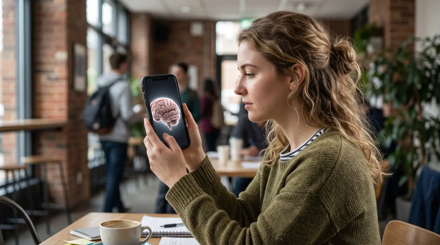 Photograph of a young woman in a coffee shop holding up her smartphone, which displays a glowing image of a human brain on its screen, as she studies it intently.