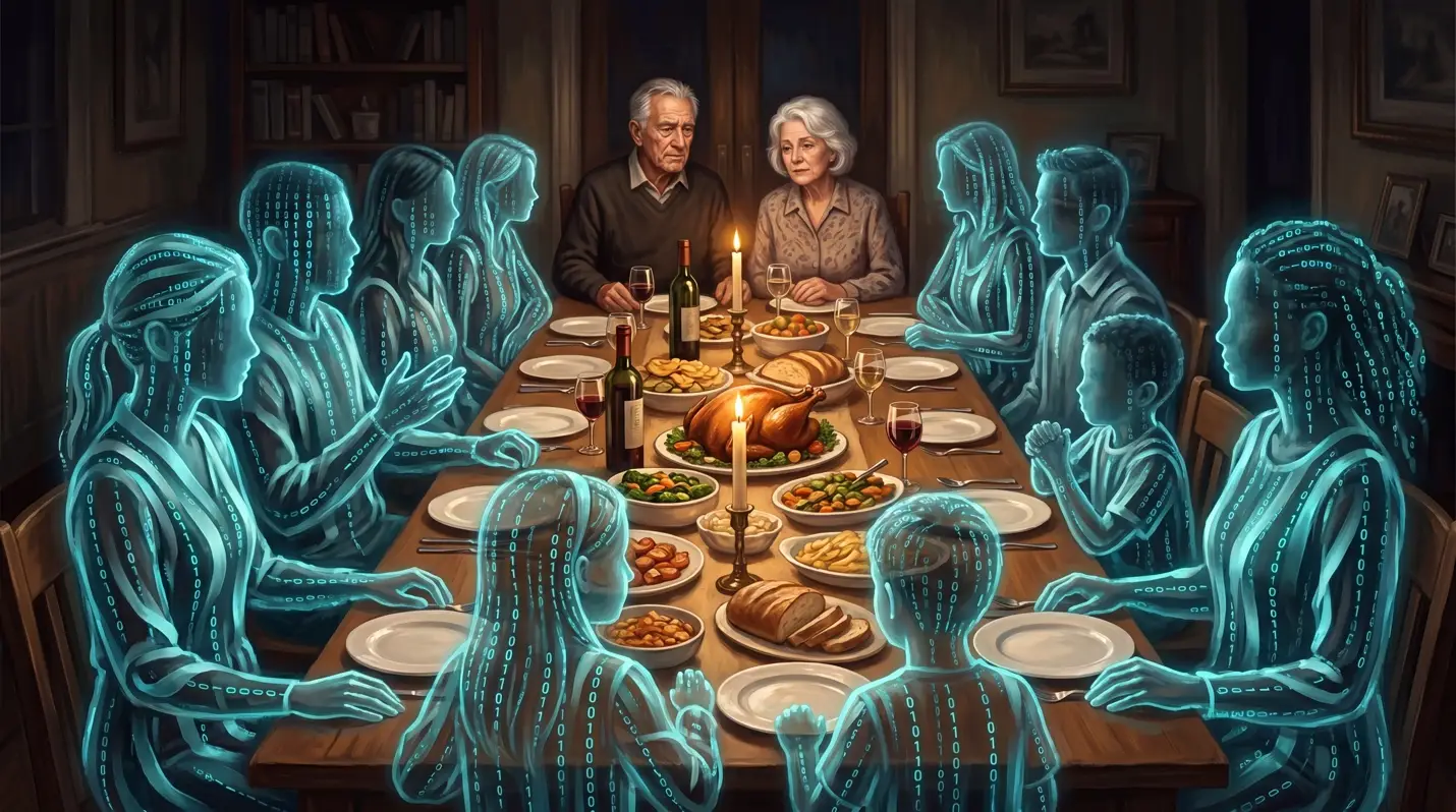 Illustration of an elderly couple seated at a candlelit dinner table, surrounded by translucent, glowing blue figures made of binary code representing an extended family gathered for a feast.
