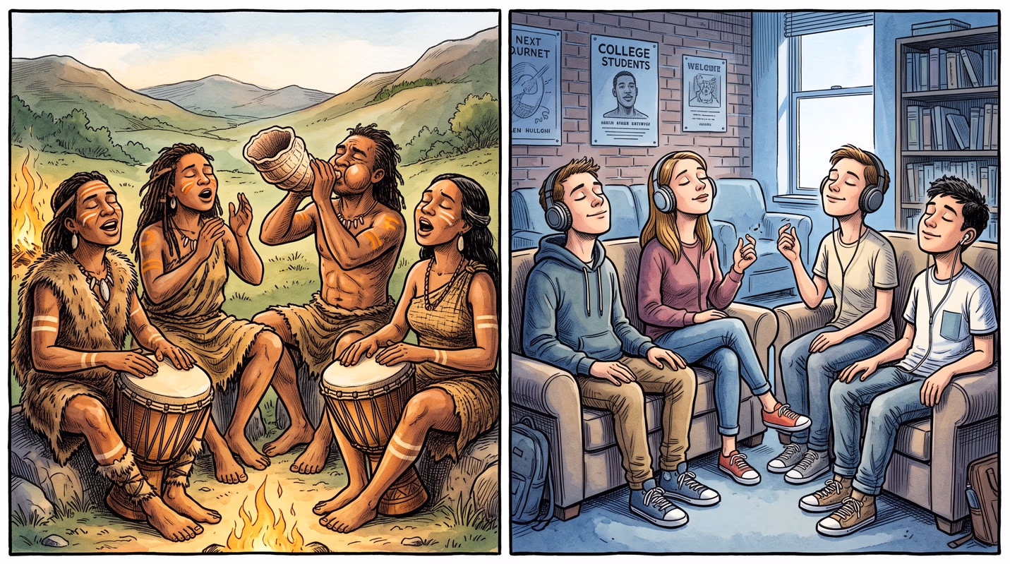 Two-panel illustration pairing a prehistoric group drumming and singing around a campfire with modern college students singing together on headphones.