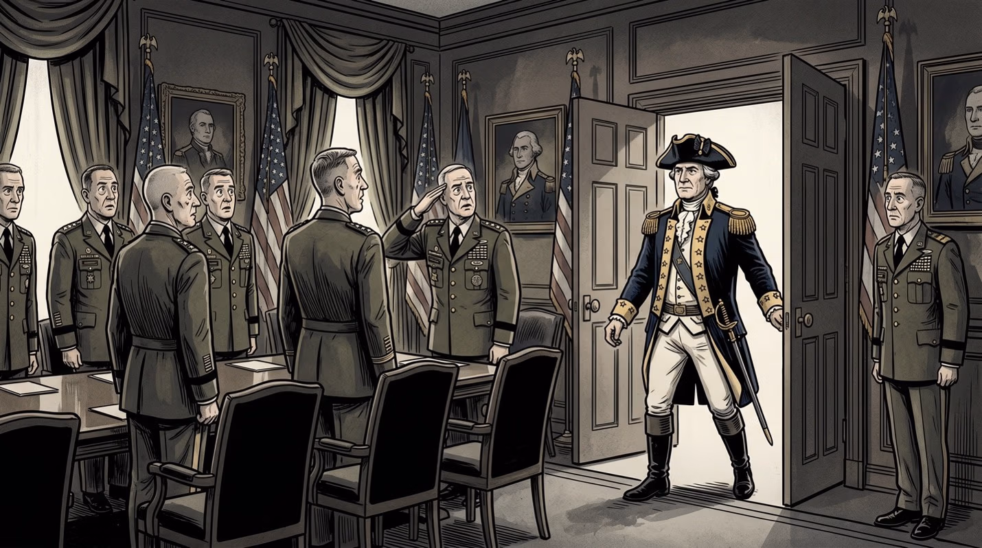 Small black-and-white illustration of a Revolutionary War general striding into a modern military briefing room full of contemporary officers.