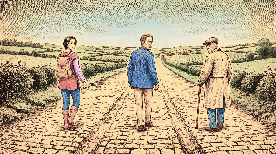 Sketch-style illustration of three figures — a young woman with a backpack, a man in a blue jacket, and an elderly man with a cane — walking away down a country road in different directions, looking back over their shoulders.