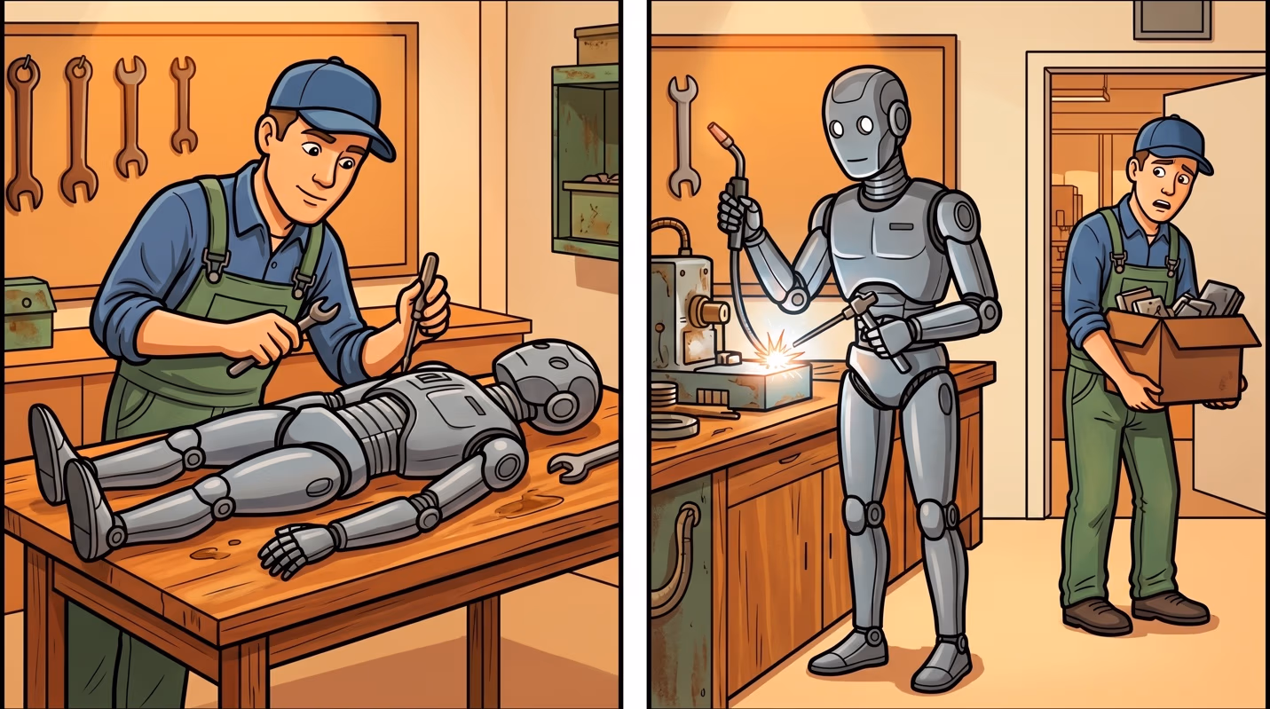 Two-panel cartoon: in the left panel a man in overalls repairs a disassembled humanoid robot on a workbench; in the right panel the now-functional robot welds metal while the man, startled, carries a box of parts away.