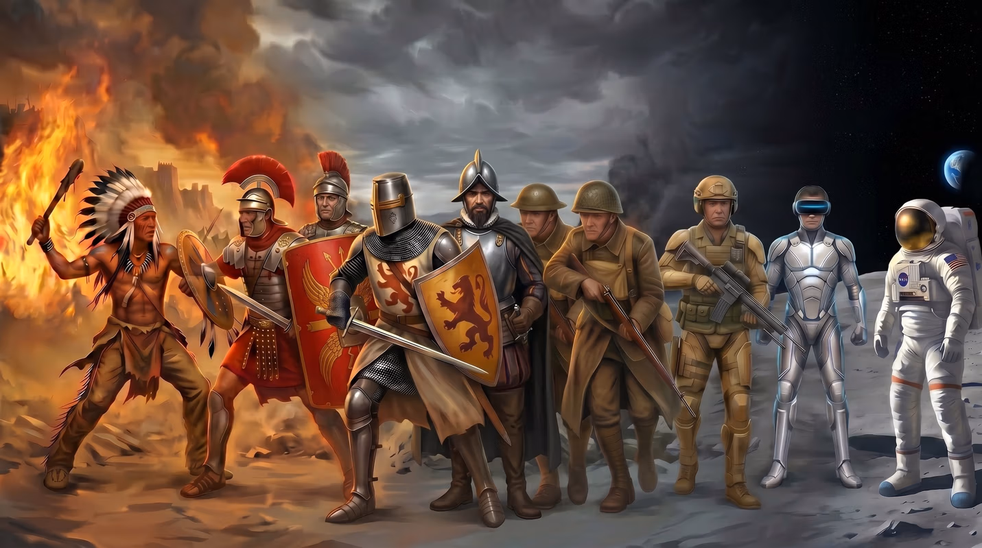 Illustrated lineup of warriors and soldiers spanning history left to right — an Indigenous fighter, Roman legionaries, a medieval knight, WWI and modern soldiers, a futuristic armored figure, and an astronaut on the moon — set against a backdrop of fire, smoke, and space.