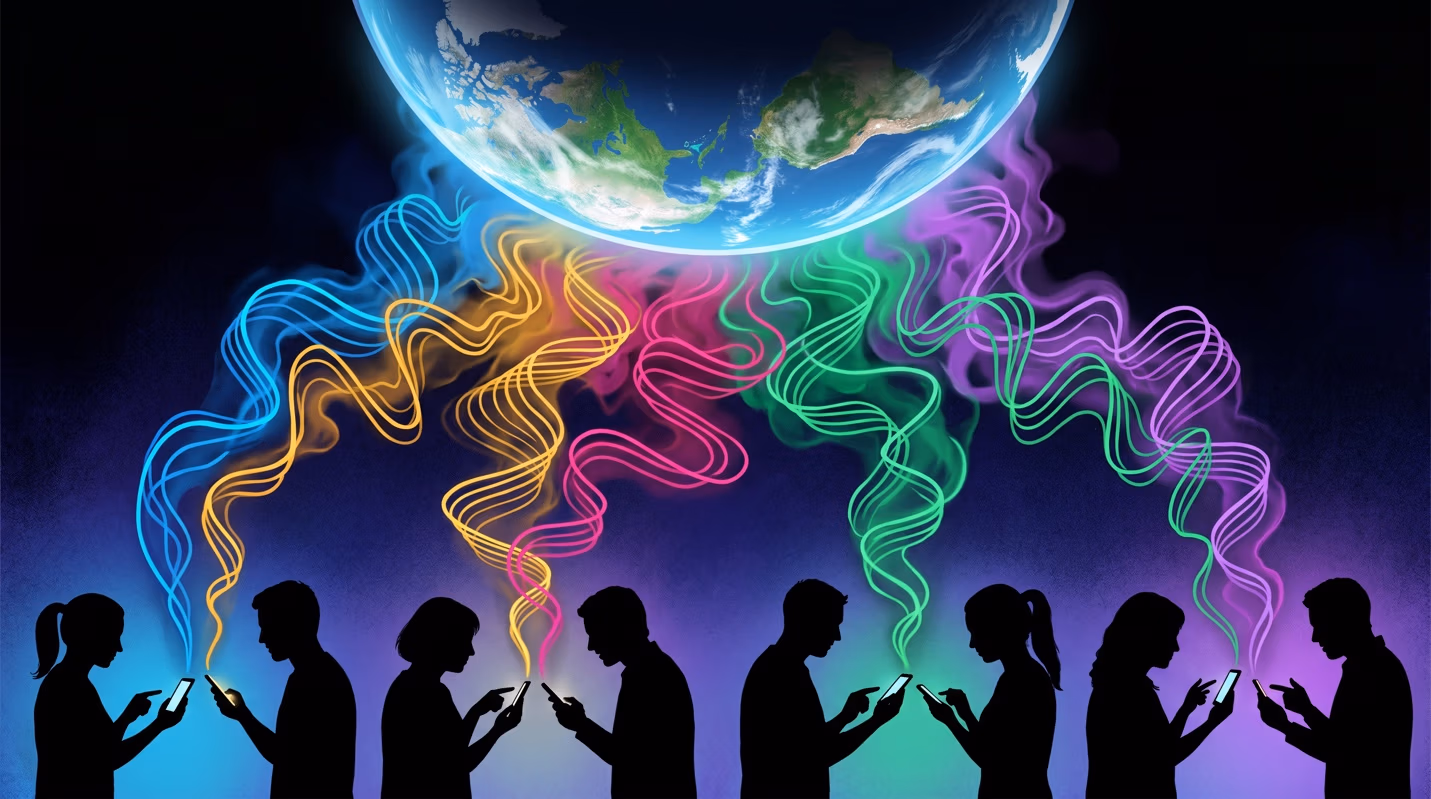 Dark illustration of a row of silhouetted people looking down at glowing smartphones, with colorful swirling light trails connecting their phones upward to an image of planet Earth above them.