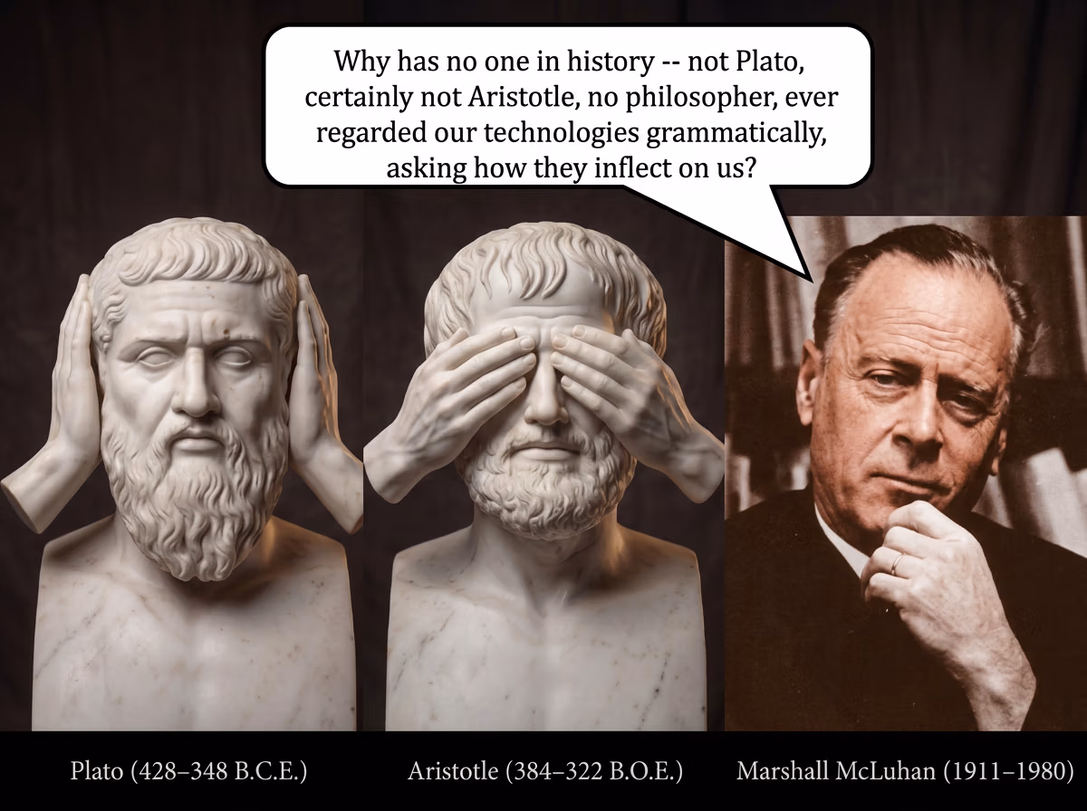 Photo composite of two "hear no evil, see no evil" style classical marble busts (Plato covering his ears, Aristotle covering his eyes) beside a sepia-toned portrait photograph of an older man in a suit resting his chin on his hand, with a speech bubble of quoted text above them and name captions below.