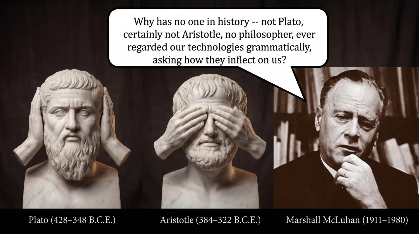 Quote card combining photographic images of marble busts of Plato (hands covering his ears) and Aristotle (hands covering his eyes) beside a sepia photograph of Marshall McLuhan, with a speech bubble of quotation text above them.