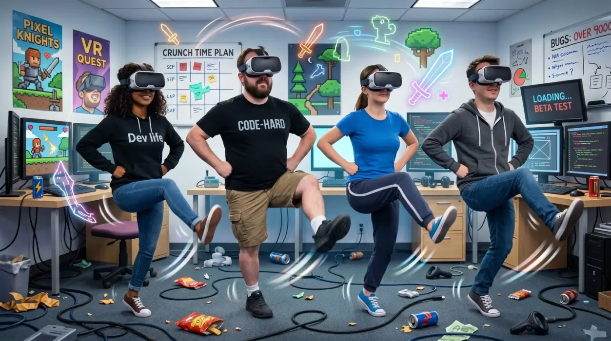 Illustrated scene of four young people wearing VR headsets, striking playful dance poses in a cluttered tech office decorated with video game posters and whiteboards, with glowing sword and game icons floating around them.