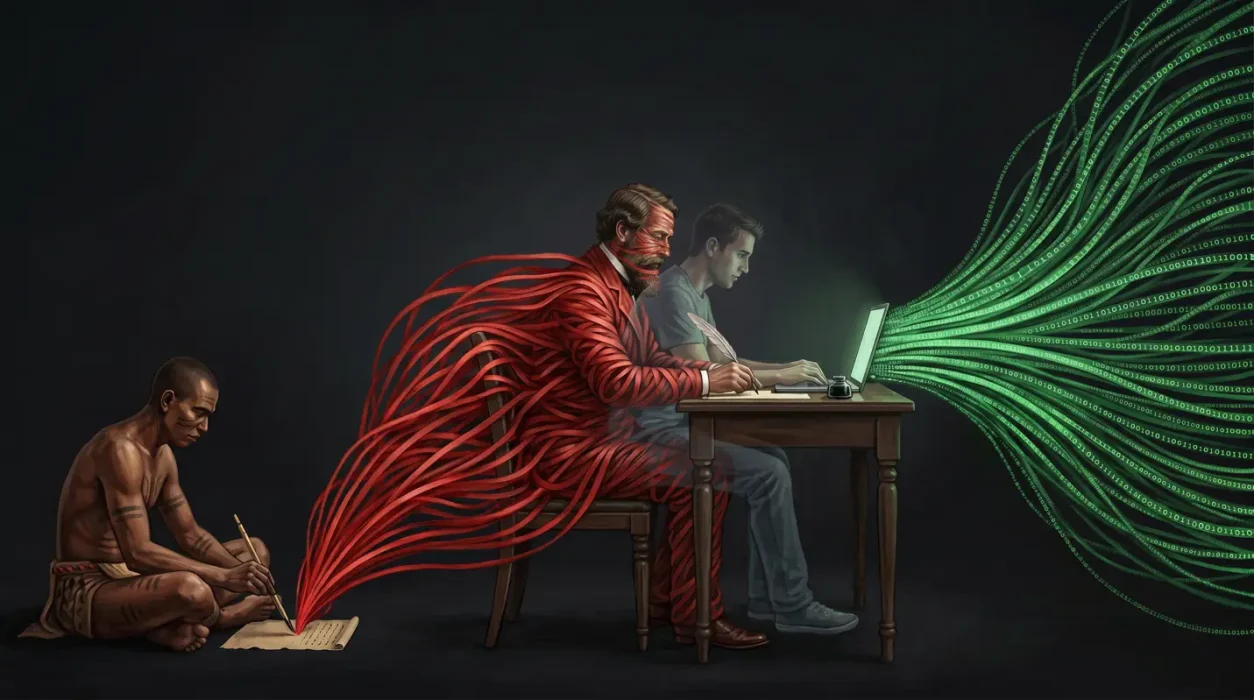 Illustration progressing from a bare-chested tribal man writing by hand on the left, through a red-threaded ghostly bearded figure overlapping a young man typing at a laptop, to streams of glowing green binary code flowing off to the right.