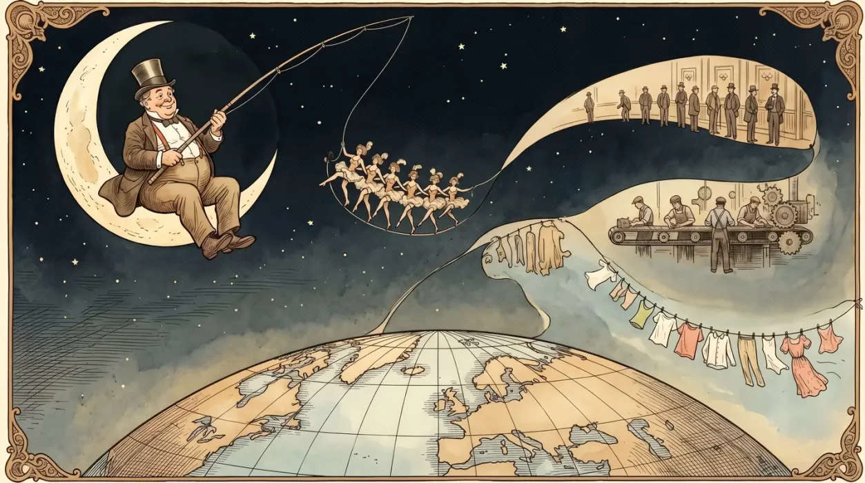 Whimsical vintage-style illustration of a man in a top hat perched on a crescent moon, fishing with a line that strings together a chorus line of dancers, a line of men, a factory assembly line, and a clothesline of laundry, all suspended above a globe of the Earth.