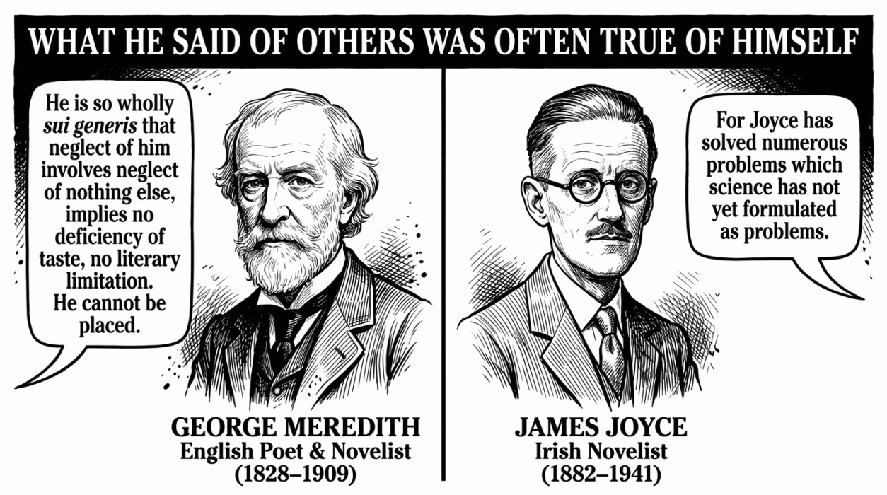 Black-and-white illustrated diptych with a bold headline banner, featuring pen-and-ink style portraits of two men (labeled George Meredith and James Joyce) each with a speech bubble of quoted text and a caption giving their names, nationalities, and life dates.