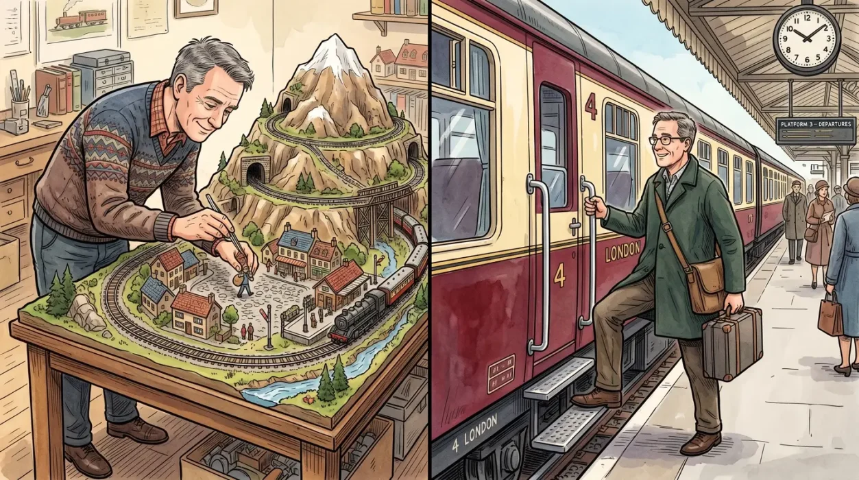 Split illustration: on the left, a man carefully works on an elaborate model train village built around a mountain; on the right, a man in a green coat boards a vintage passenger train at a busy station platform.